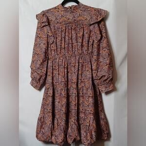 PORTER Brown Paisley Mini Dress With Ruffles and Pleates. 14